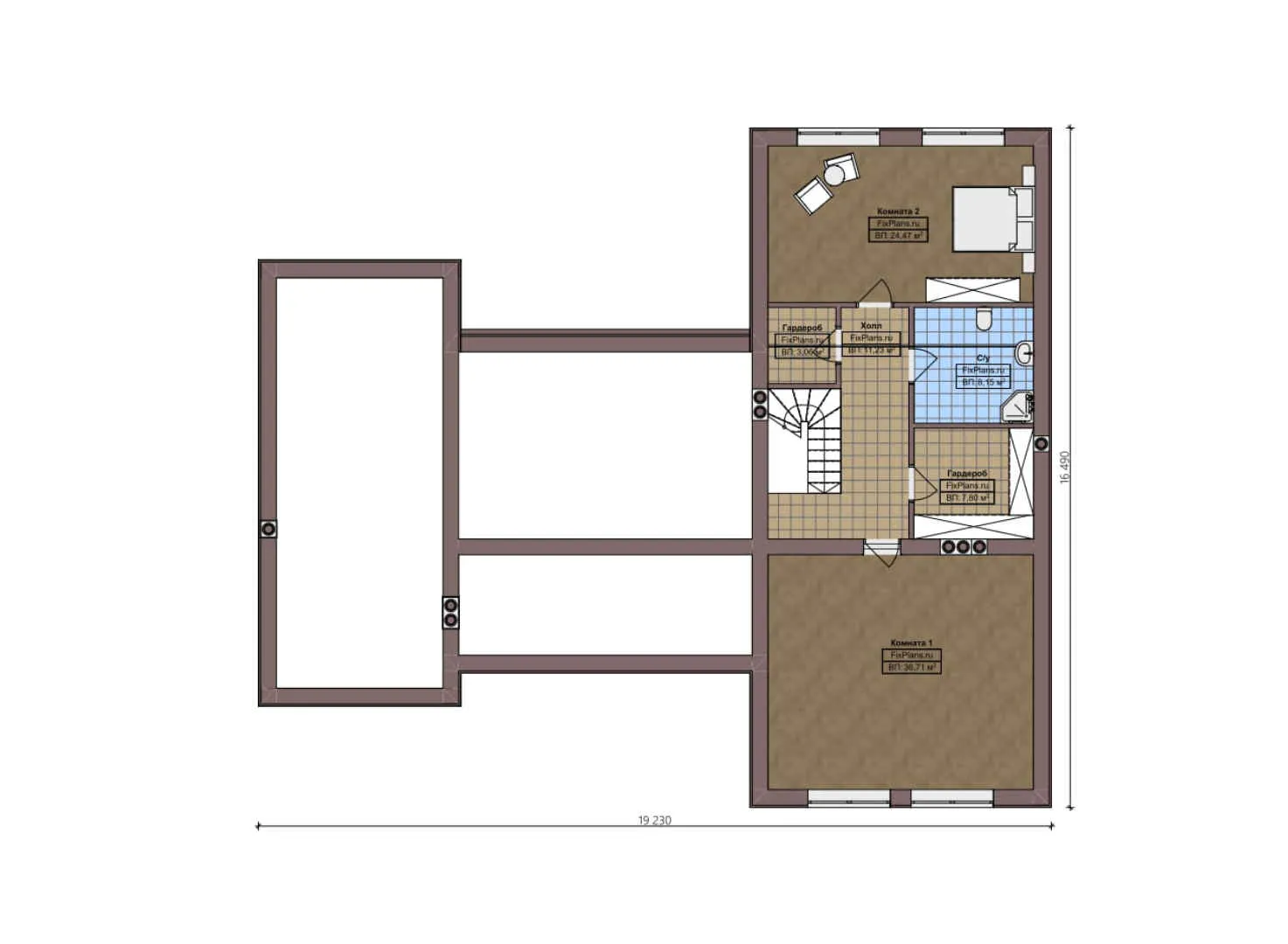 F-3671 - Планы дома с мансардой 17 на 20, площадью 380 м² с террасой, гаражом на 2 машины и 3 спальнями