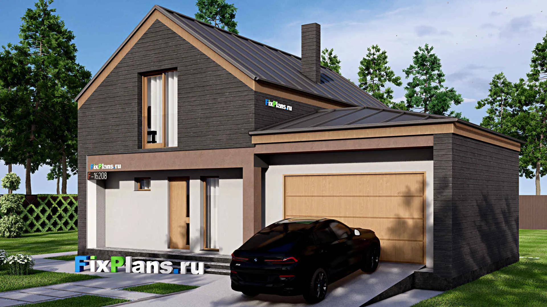 F-16208 - Проект дома с мансардой 13 на 14, площадью 180 м² с балконом, гаражом на 1 машину и 3 спальнями