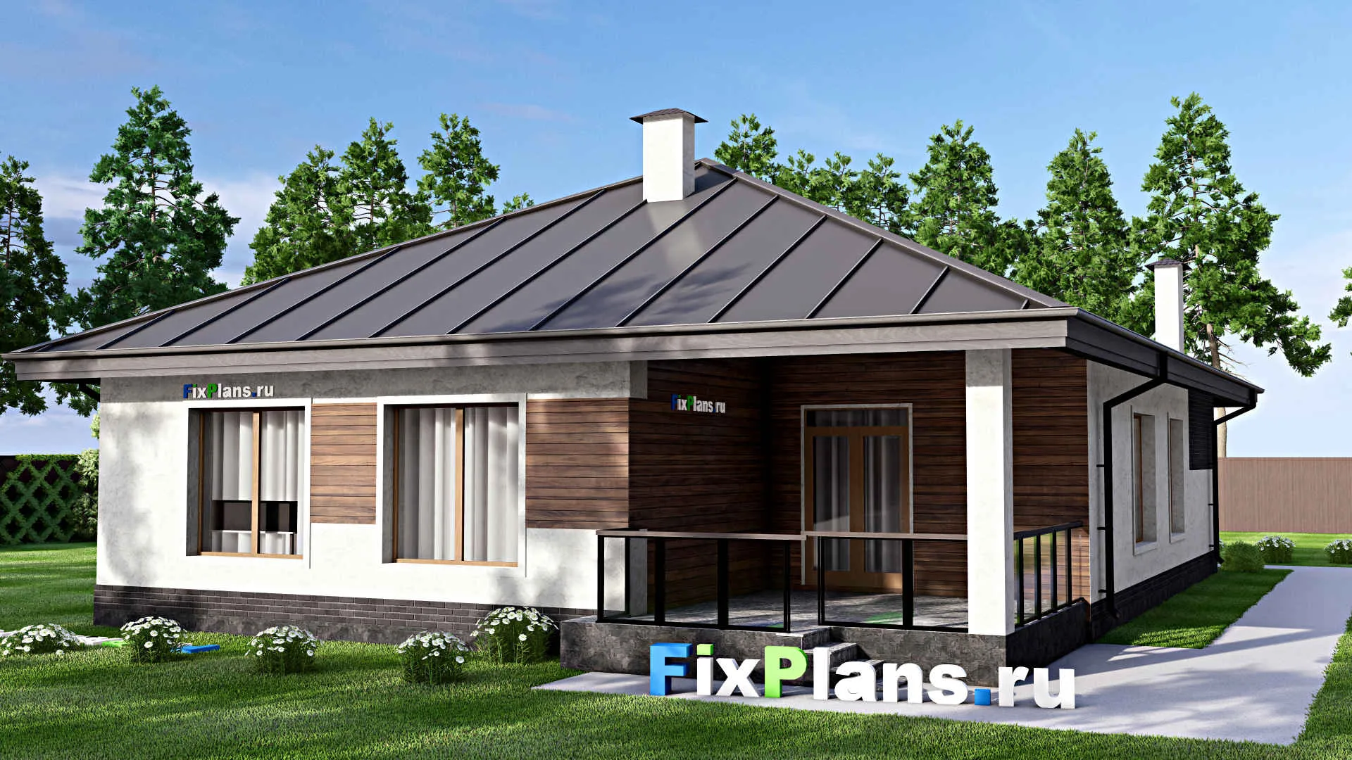 F-14291 - Проект одноэтажного дома 13 на 18, площадью 180 м² с террасой, гаражом на 1 машину и 3 спальнями