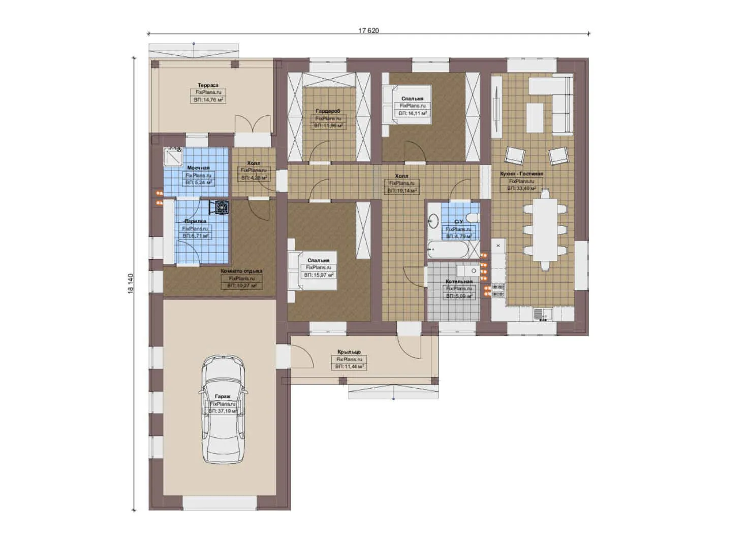 F-19700 - План одноэтажного дома 18 на 19, площадью 200 м² с террасой, гаражом на 2 машины и 2 спальнями