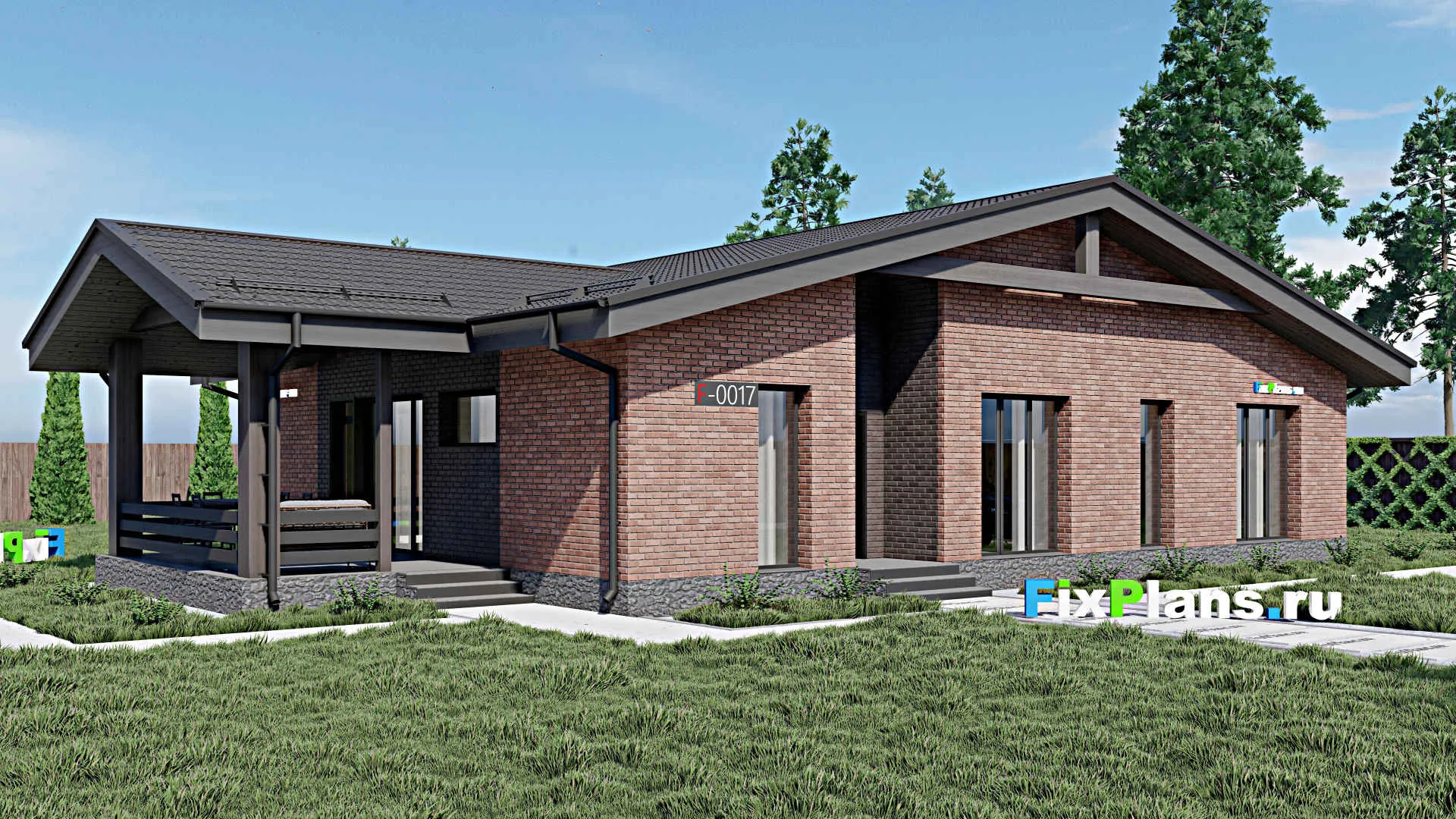 F-0017 - Проект одноэтажного дома 12 на 20, площадью 180 м² с террасой и 4 спальнями