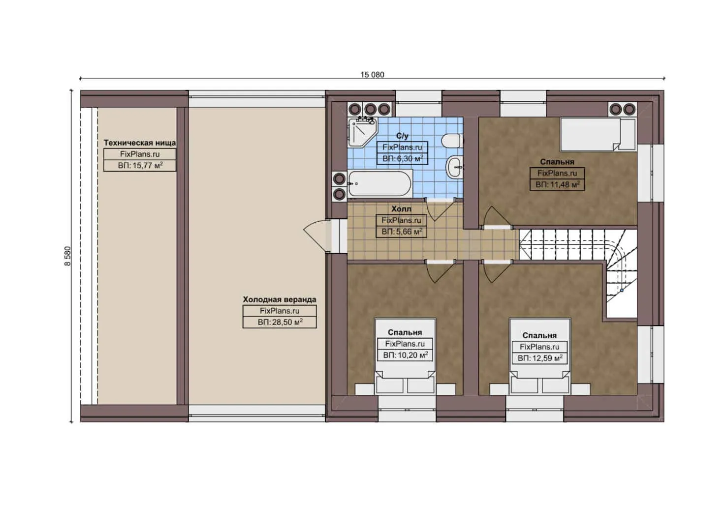 F-5165 - Планы дома с мансардой 9 на 16, площадью 190 м² с террасой, гаражом на 1 машину и 4 спальнями