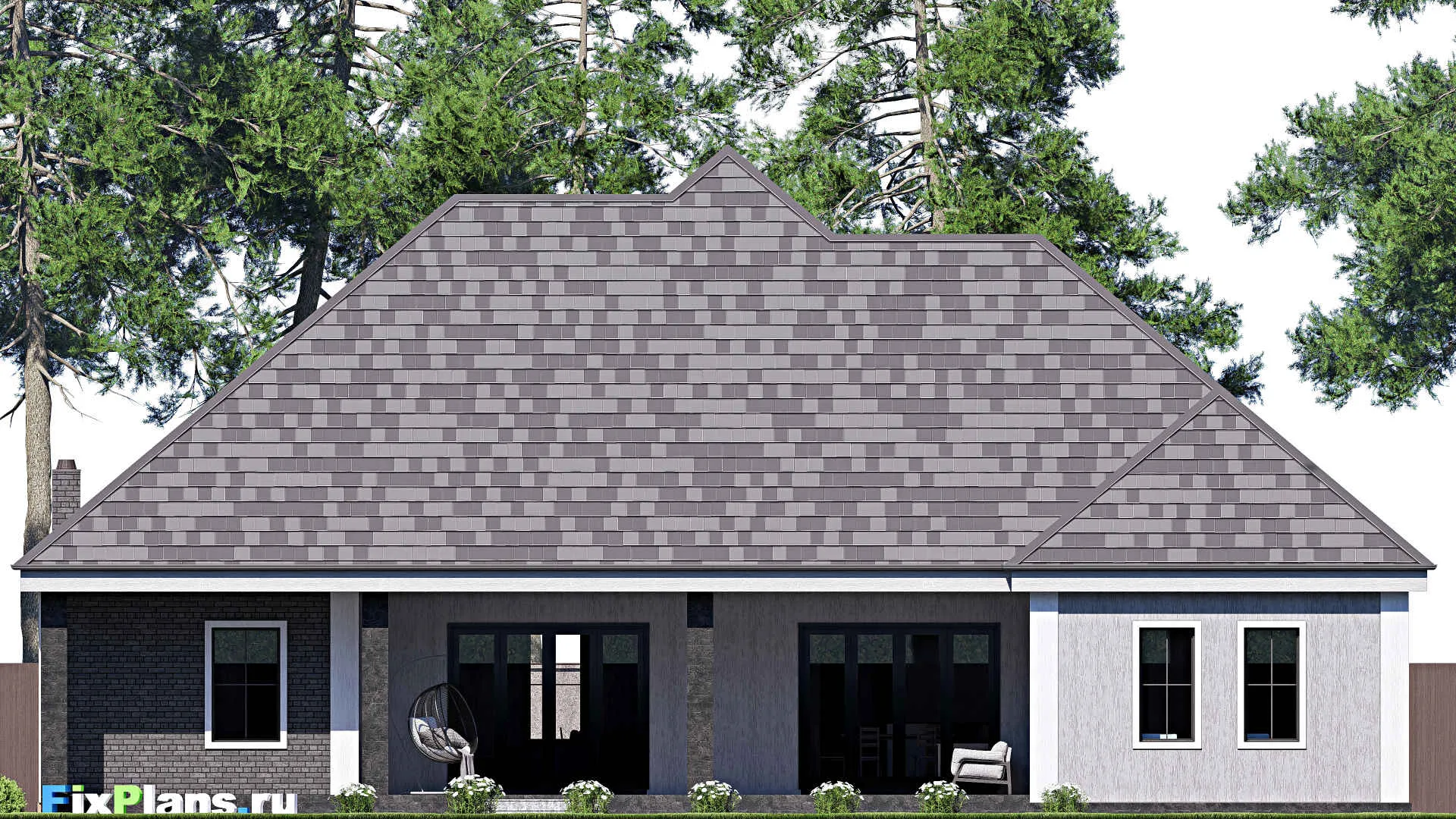 F-17207 - Проект одноэтажного дома 21 на 28, площадью 300 м² с террасой, гаражом на 2 машины и 3 спальнями