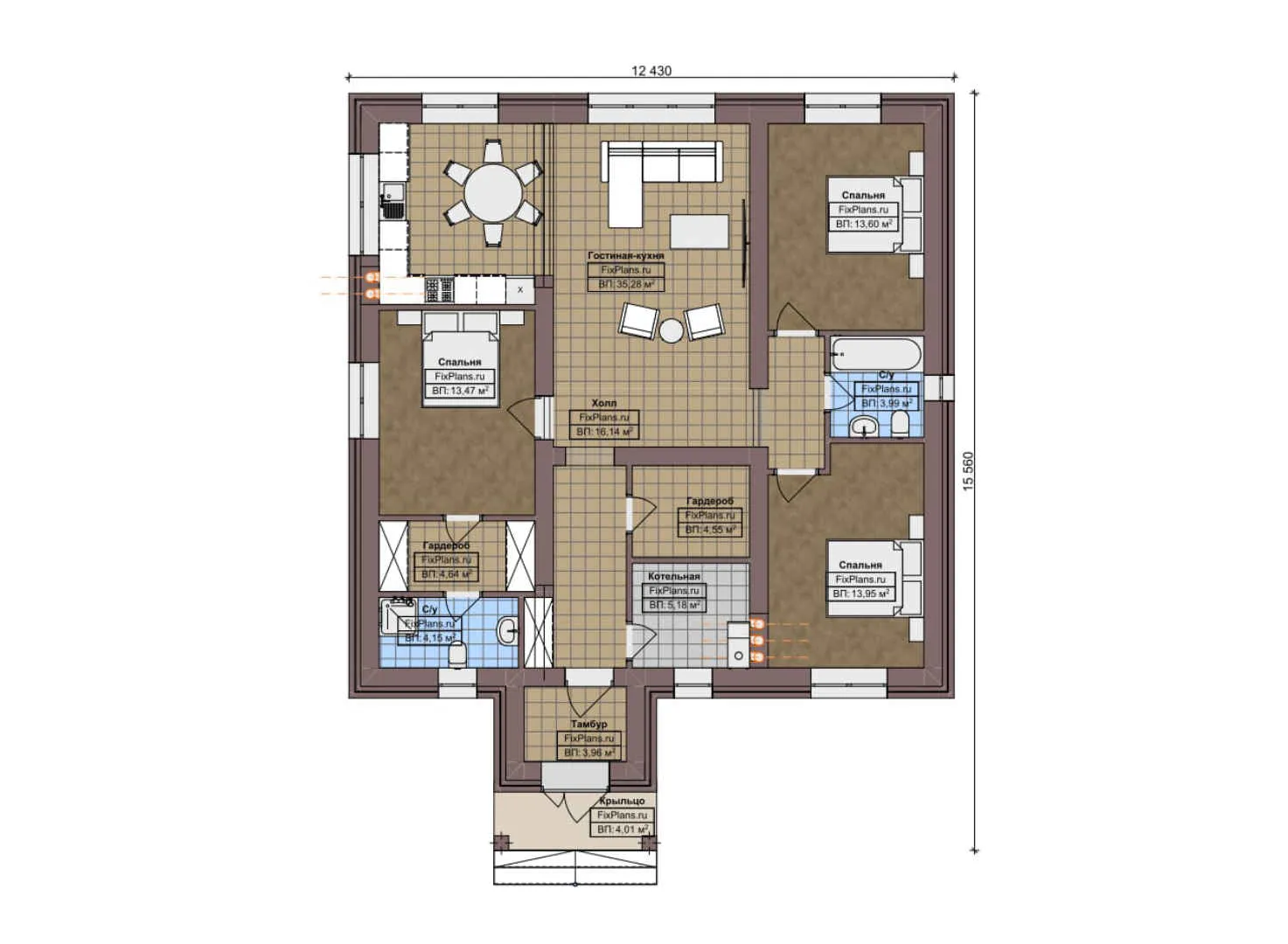 F-6956 - План одноэтажного дома 13 на 16, площадью 130 м² с 3 спальнями