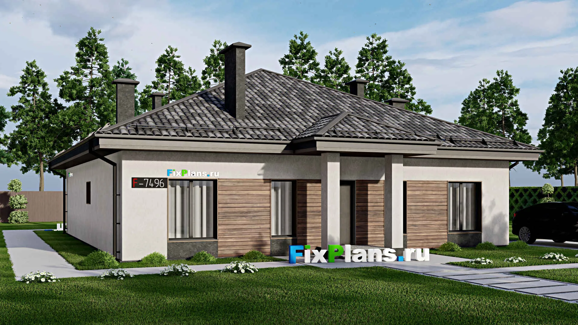 F-7496 - Проект одноэтажного дома 14 на 15, площадью 170 м² с 4 спальнями