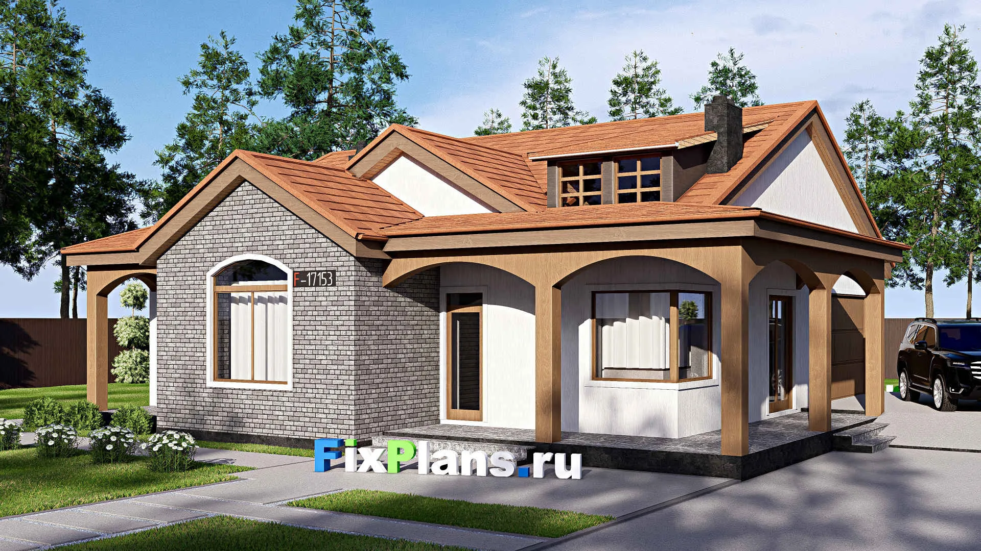 F-17153 - Проект одноэтажного дома 15 на 16, площадью 170 м² с террасой, гаражом на 1 машину и 2 спальнями