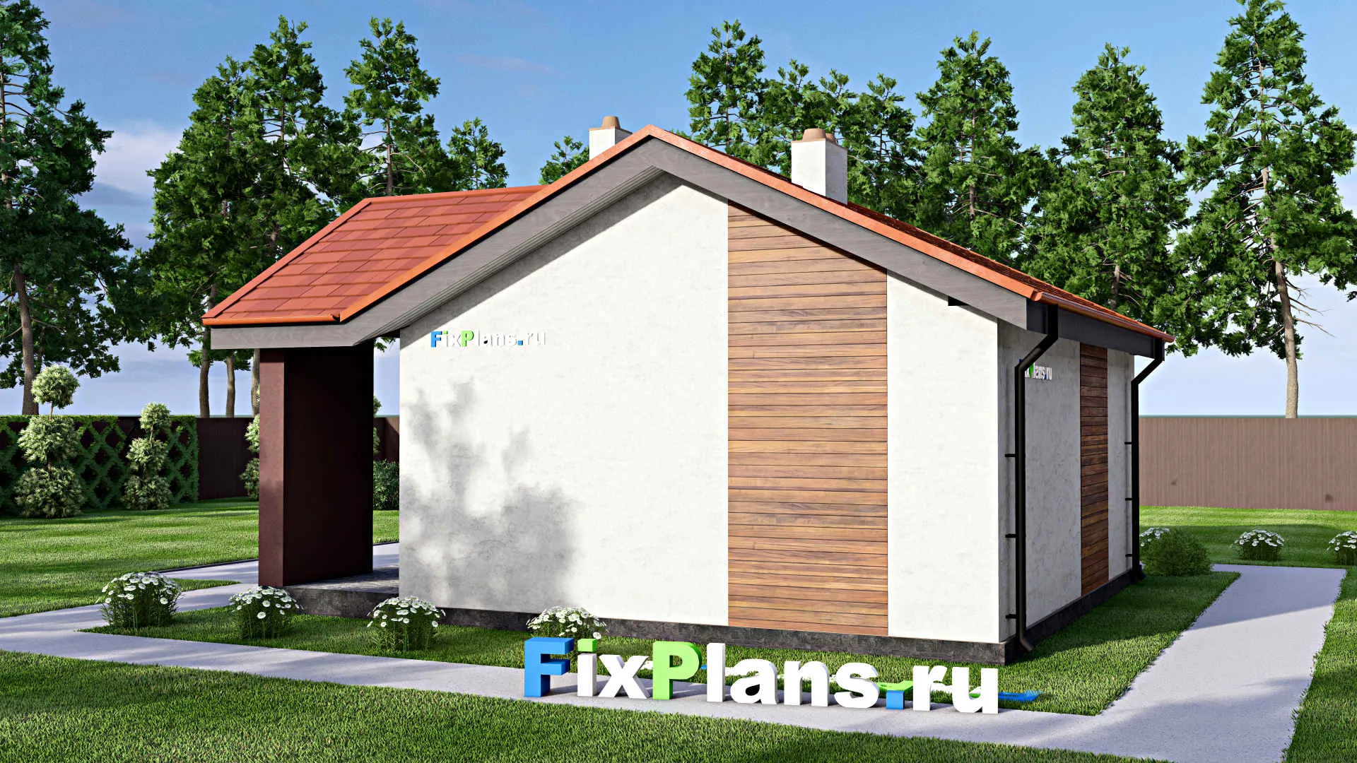 F-14966 - Проект бани 9 на 10, площадью 60 м² с комнатой отдыха, терассой и санузлом