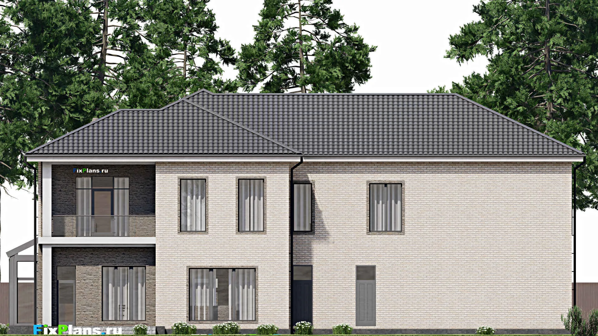 F-5507 - Проект двухэтажного дома 17 на 25, площадью 500 м² с террасой, балконом, гаражом на 2 машины и 4 спальнями