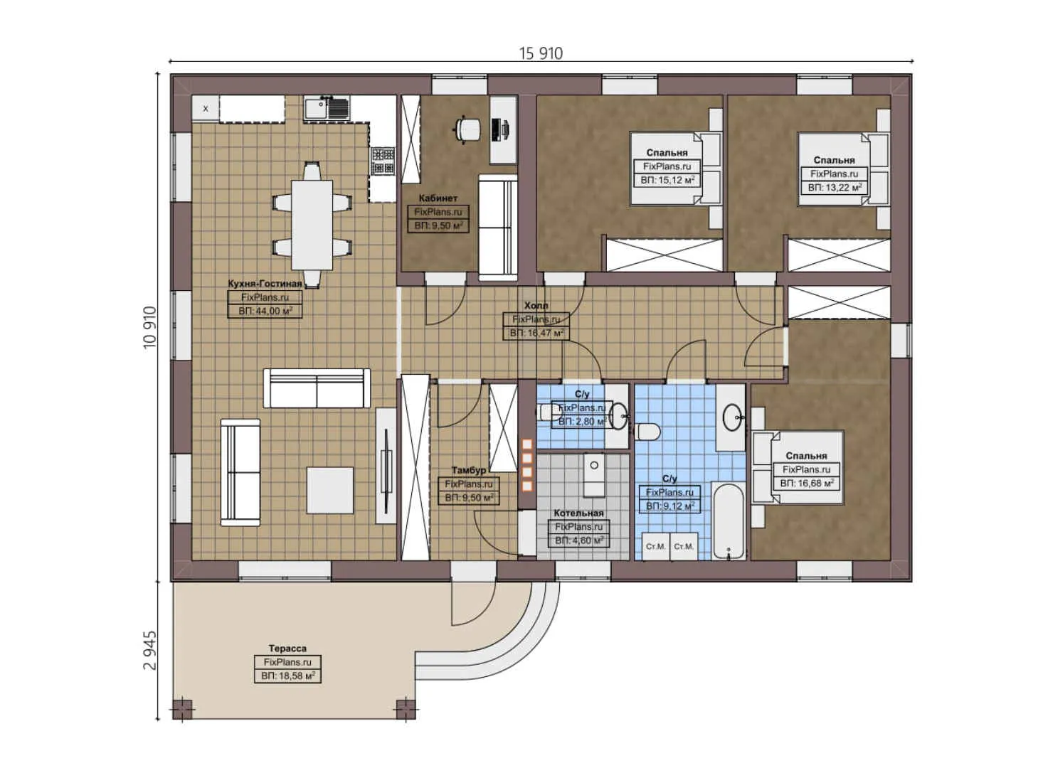 F-3383 - План одноэтажного дома 11 на 16, площадью 160 м² с террасой и 3 спальнями