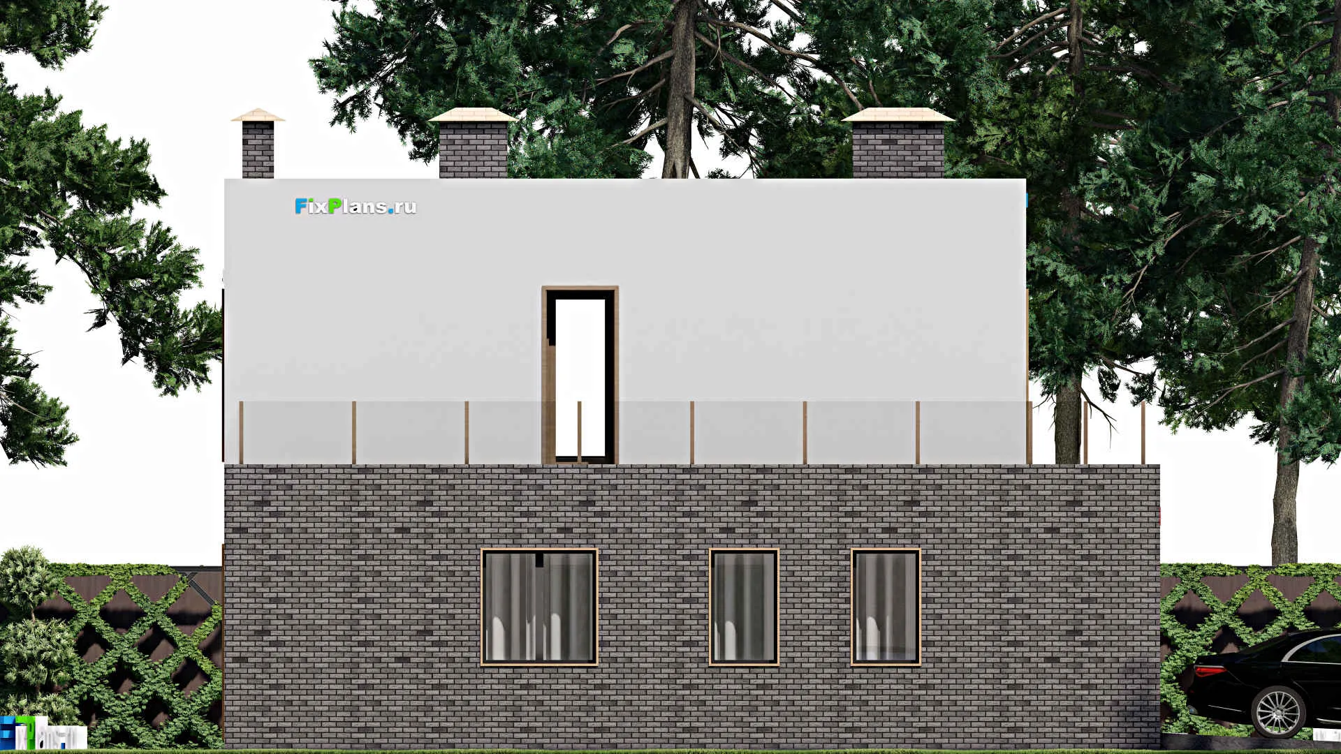 F-7784 - Проект двухэтажного дома 12 на 17, площадью 280 м² с балконом, баней, гаражом на 1 машину и 4 спальнями
