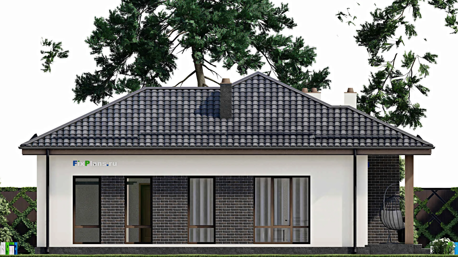 F-2762 - Проект одноэтажного дома 14 на 16, площадью 140 м² с террасой, гаражом на 1 машину и 3 спальнями