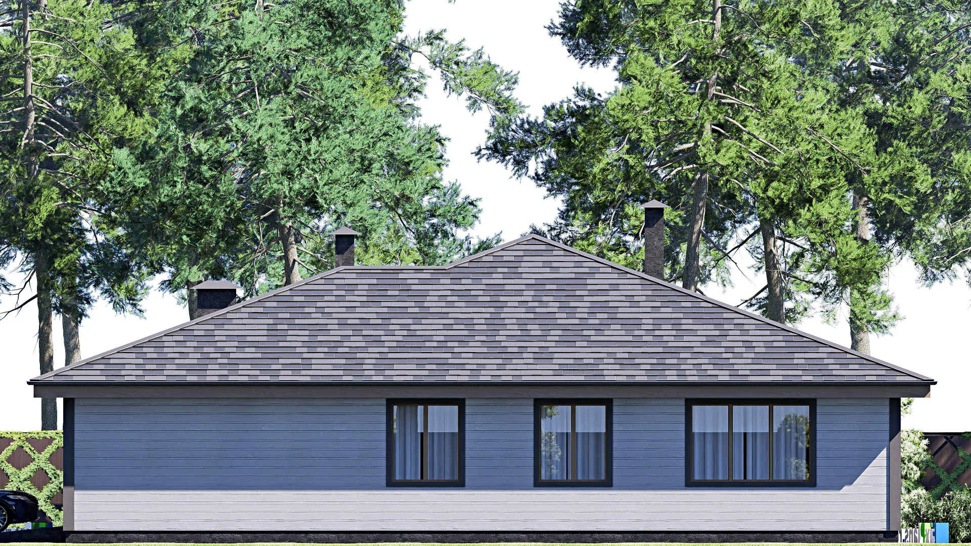 F-18890 - Проект одноэтажного дома 18 на 18, площадью 200 м² с гаражом на 1 машину и 3 спальнями