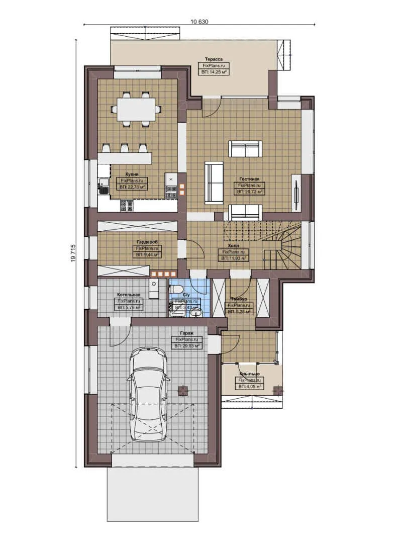 F-5732 - Планы дома с мансардой 11 на 20, площадью 240 м² с террасой, балконом, гаражом на 1 машину и 3 спальнями
