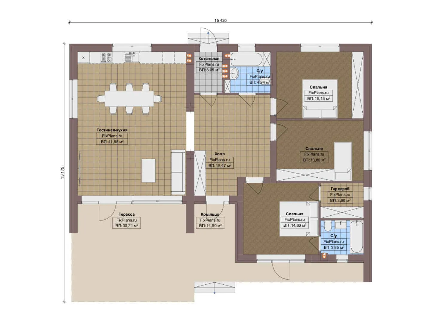 F-14831 - План одноэтажного дома 14 на 16, площадью 170 м² с террасой и 3 спальнями