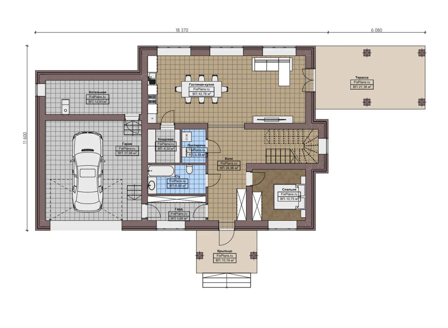 F-2708 - Планы двухэтажного дома 12 на 19, площадью 280 м² с террасой, гаражом на 2 машины и 4 спальнями