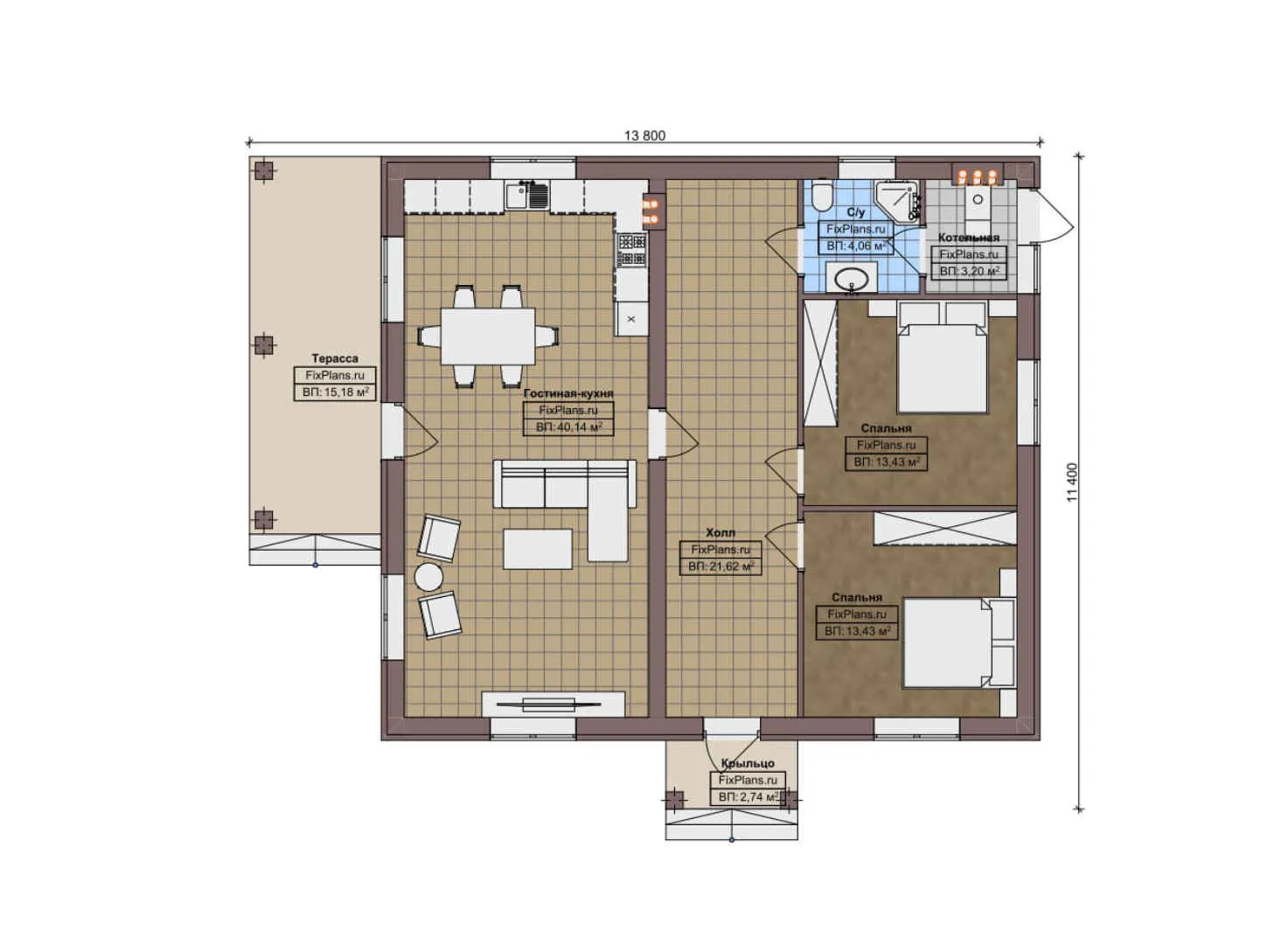 F-10772 - План одноэтажного дома 12 на 14, площадью 120 м² с 2 спальнями