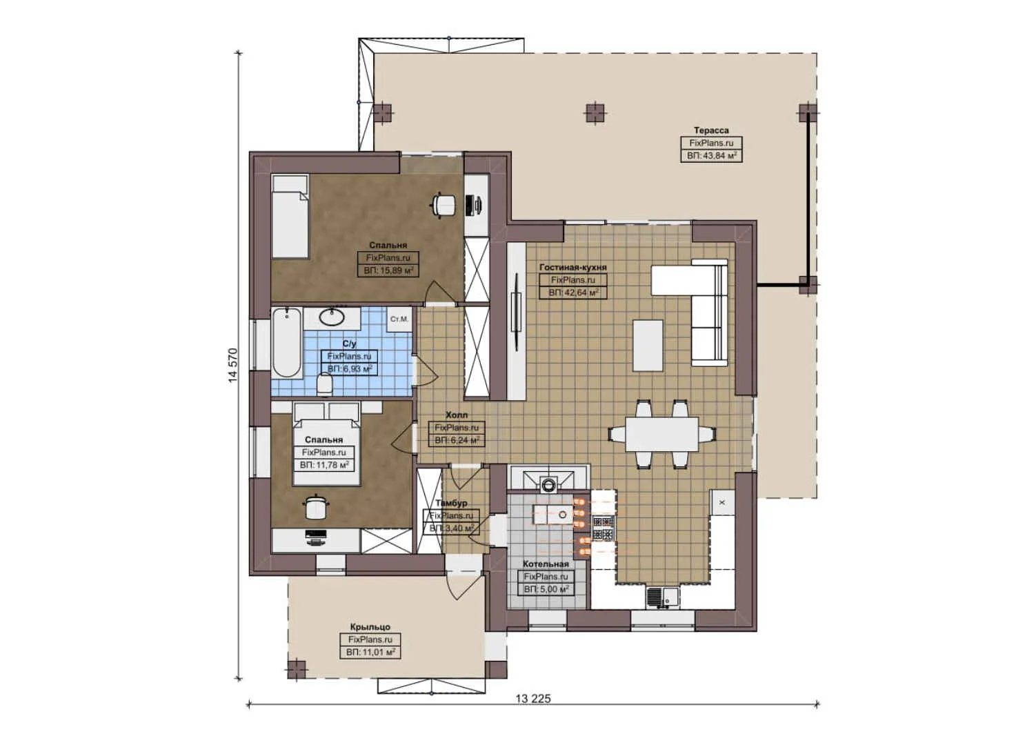 F-7037 - План одноэтажного дома 14 на 15, площадью 150 м² с террасой и 2 спальнями