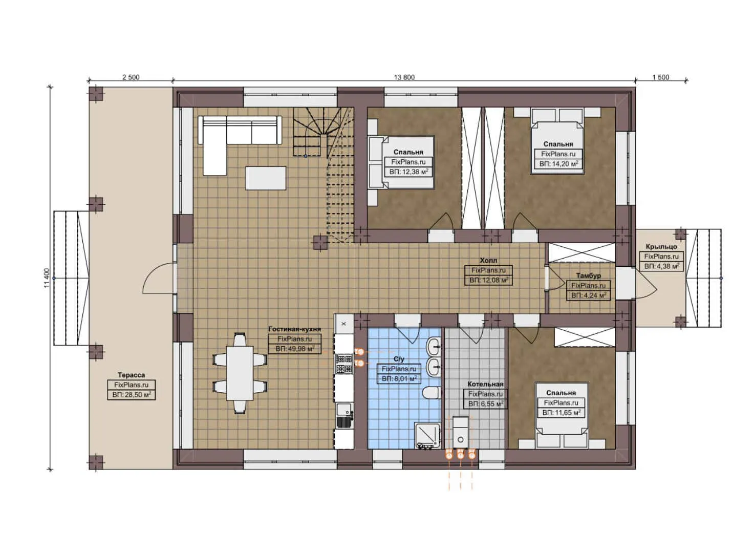 F-6605 - Планы дома с мансардой 12 на 14, площадью 240 м² с террасой и 3 спальнями