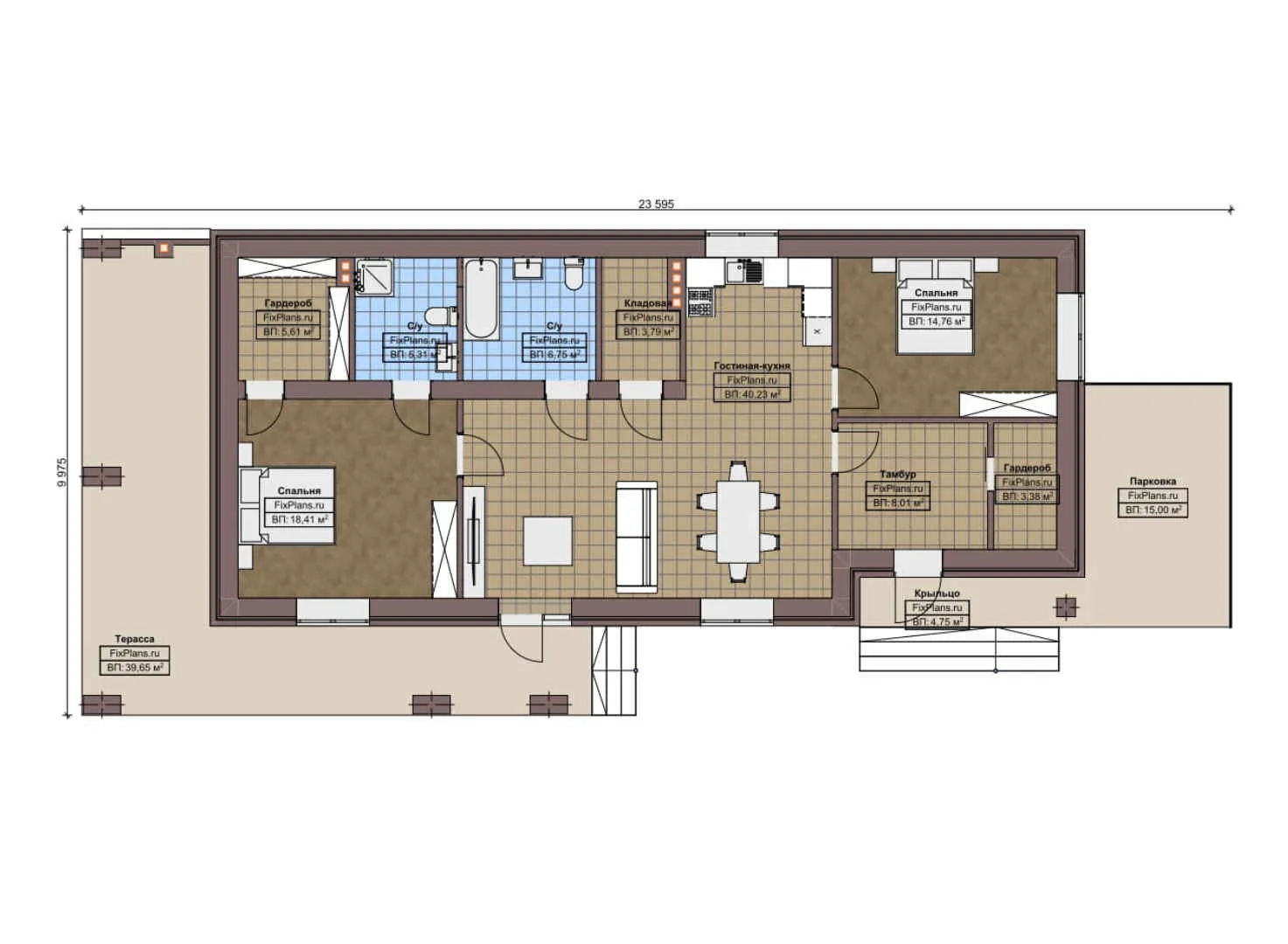 F-7271 - План одноэтажного дома 10 на 24, площадью 170 м² с террасой и 2 спальнями