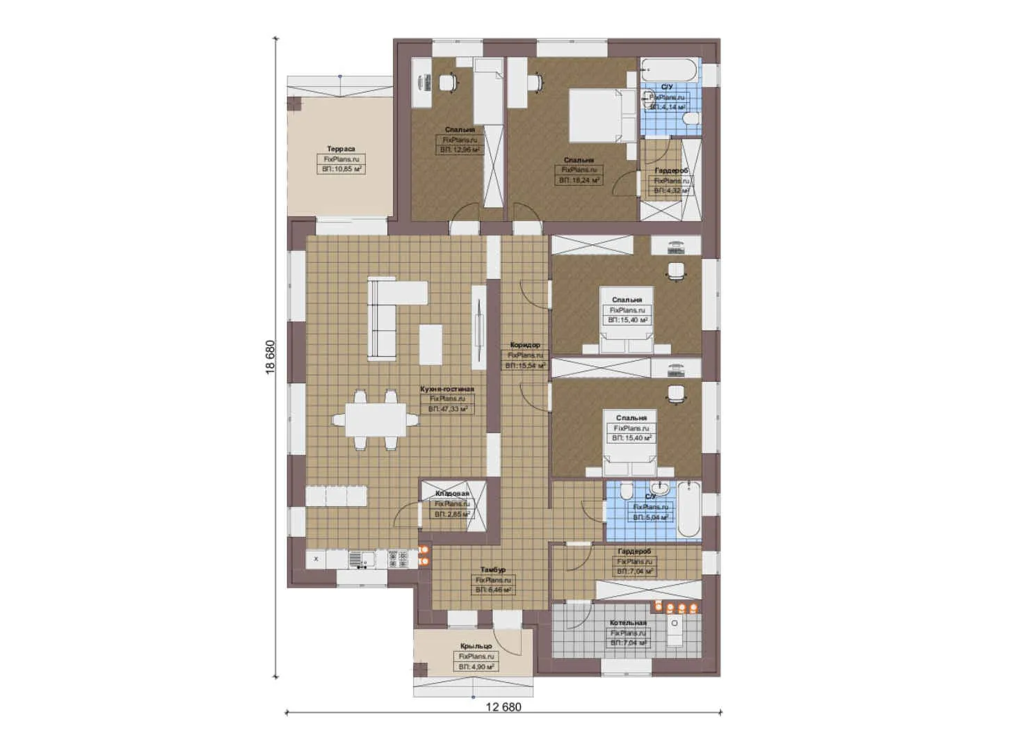 F-18404 - План одноэтажного дома 13 на 19, площадью 180 м² с террасой и 4 спальнями