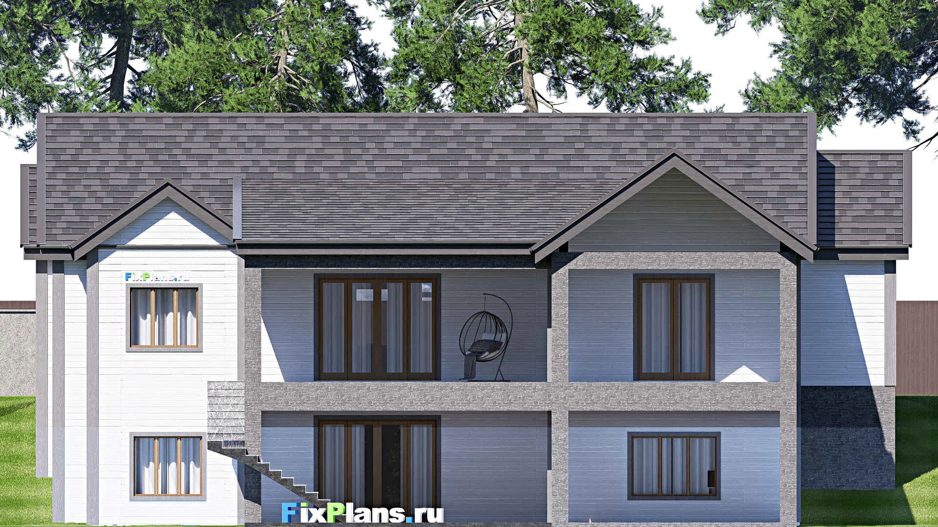 F-17162 - Проект одноэтажного дома 21 на 34, площадью 710 м² с террасой, цокольным этажом, гаражом на 2 машины и 4 спальнями