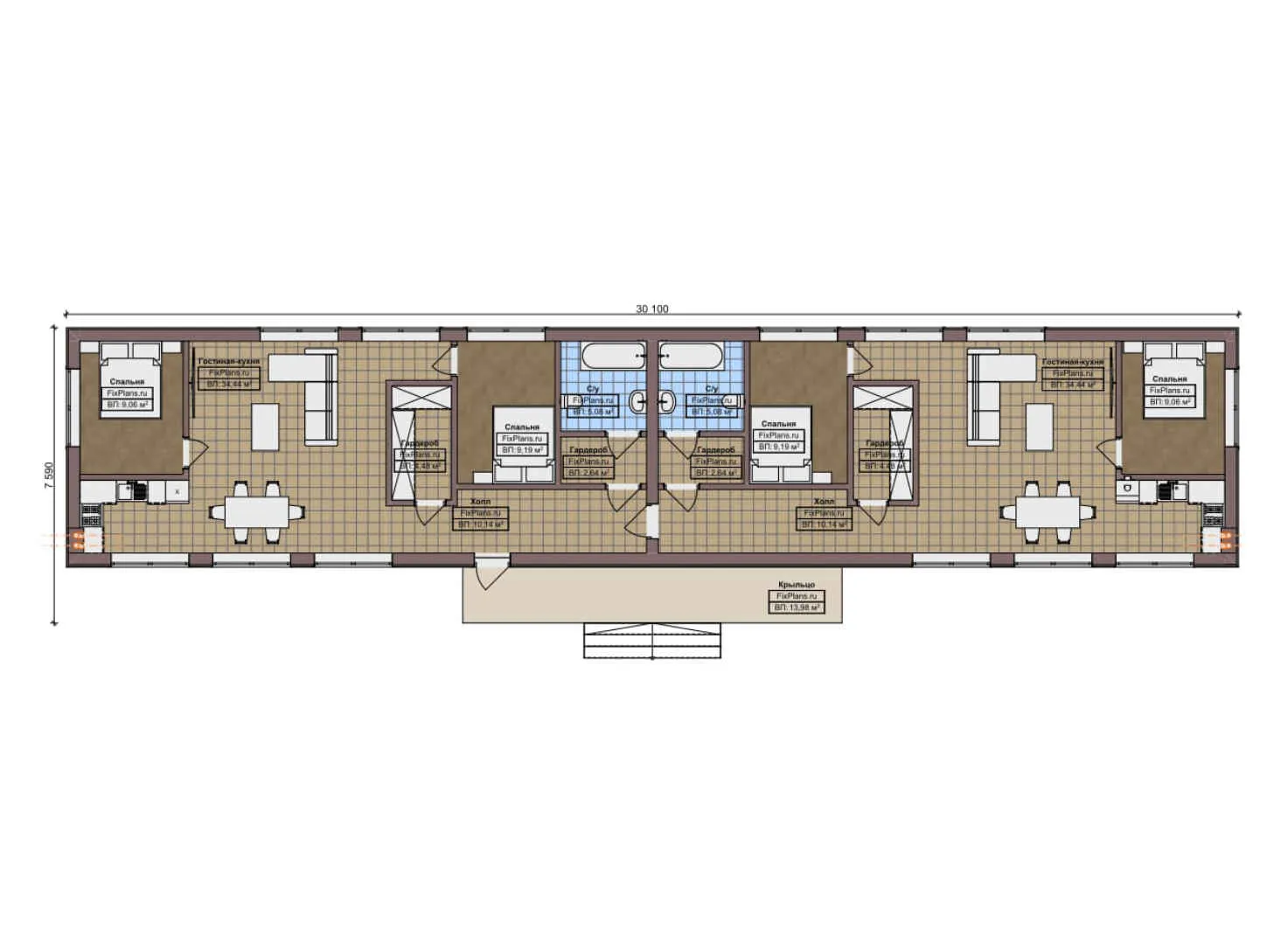 F-9440 - План одноэтажного дома 8 на 31, площадью 170 м² с 4 спальнями