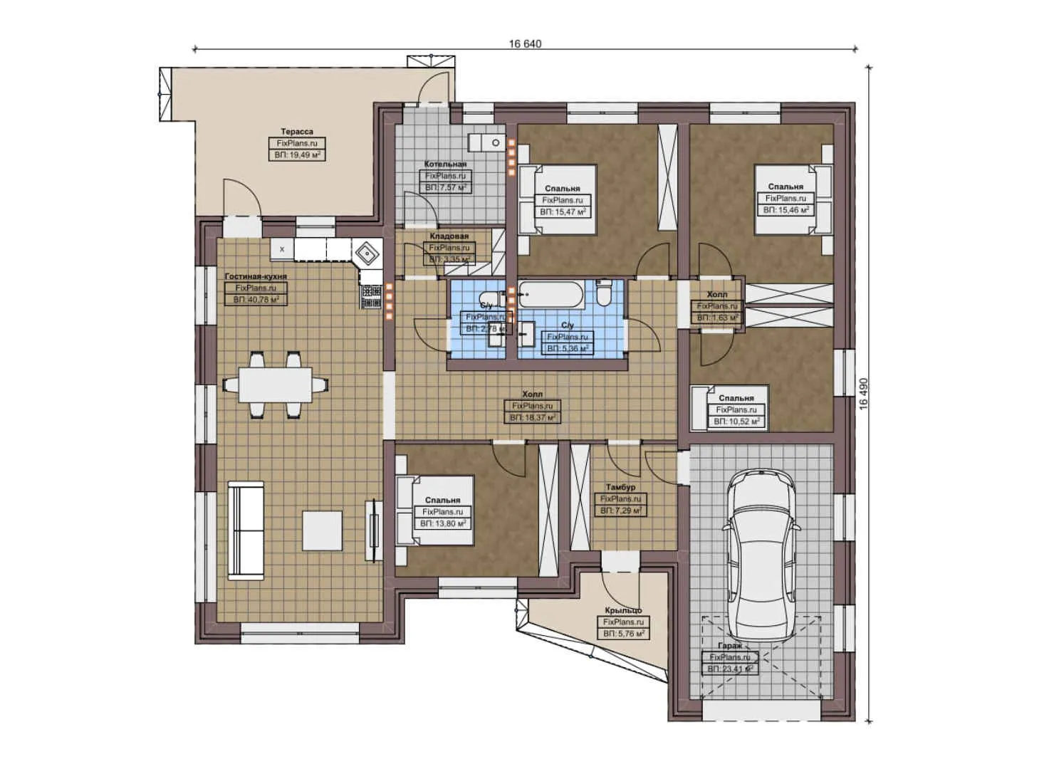 F-6974 - План одноэтажного дома 17 на 17, площадью 200 м² с террасой, гаражом на 1 машину и 4 спальнями