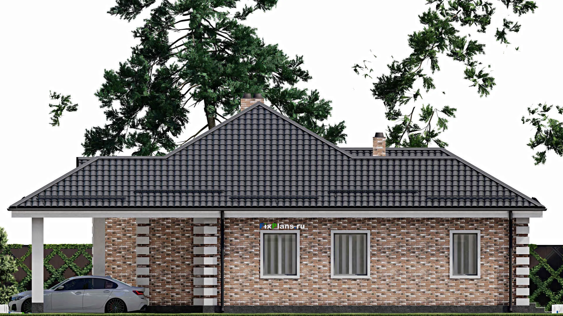 F-2951 - Проект одноэтажного дома 15 на 15, площадью 150 м² с террасой, гаражом на 1 машину и 3 спальнями