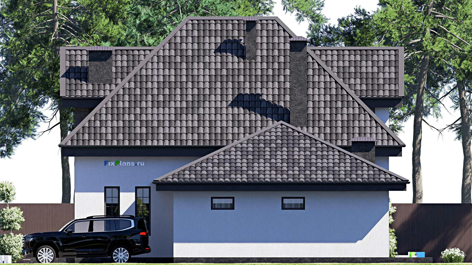 F-19106 - Проект дома с мансардой 14 на 19, площадью 190 м² с террасой, гаражом на 1 машину и 2 спальнями