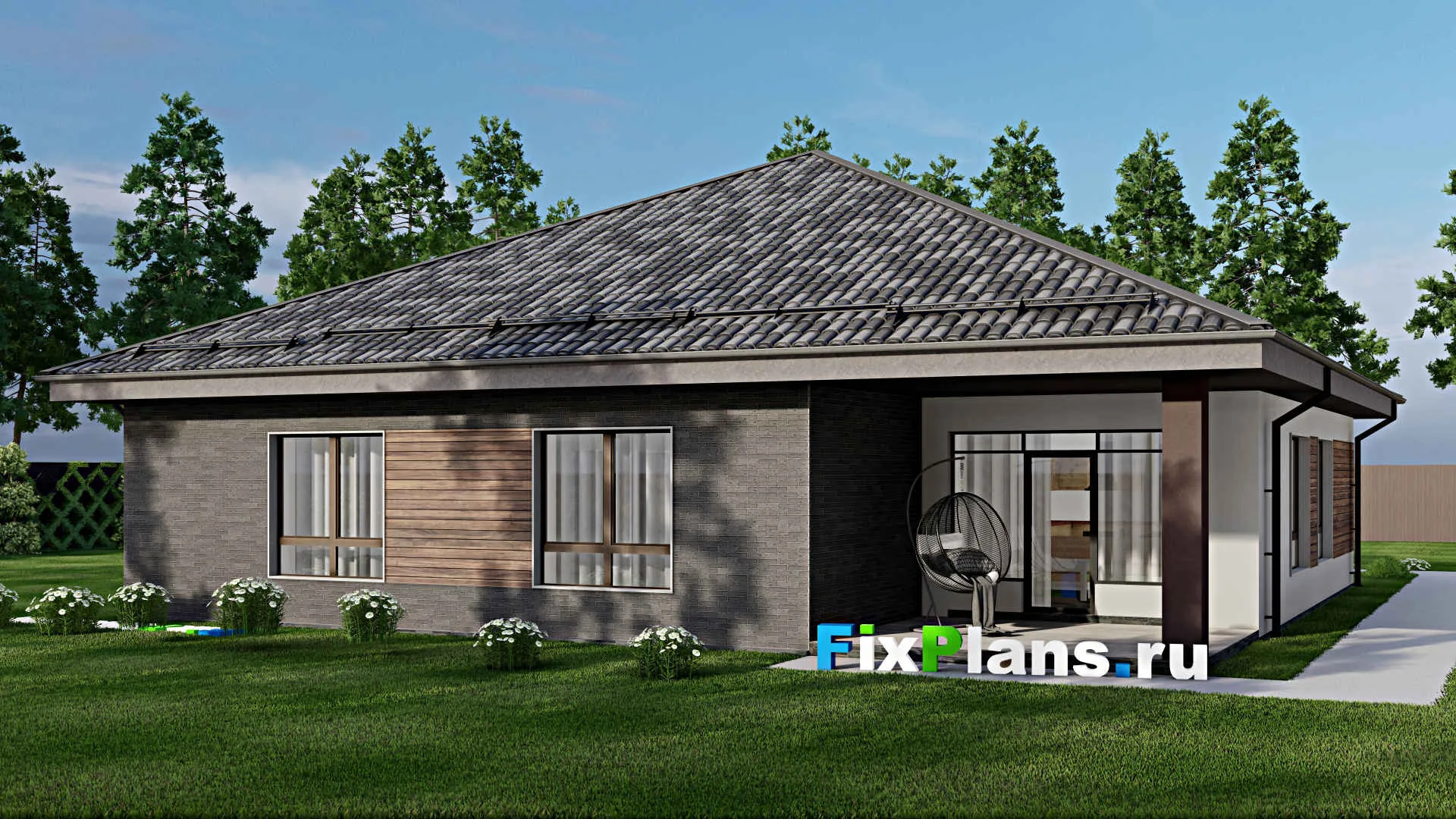 F-6344 - Проект одноэтажного дома 16 на 18, площадью 210 м² с террасой, гаражом на 2 машины и 3 спальнями