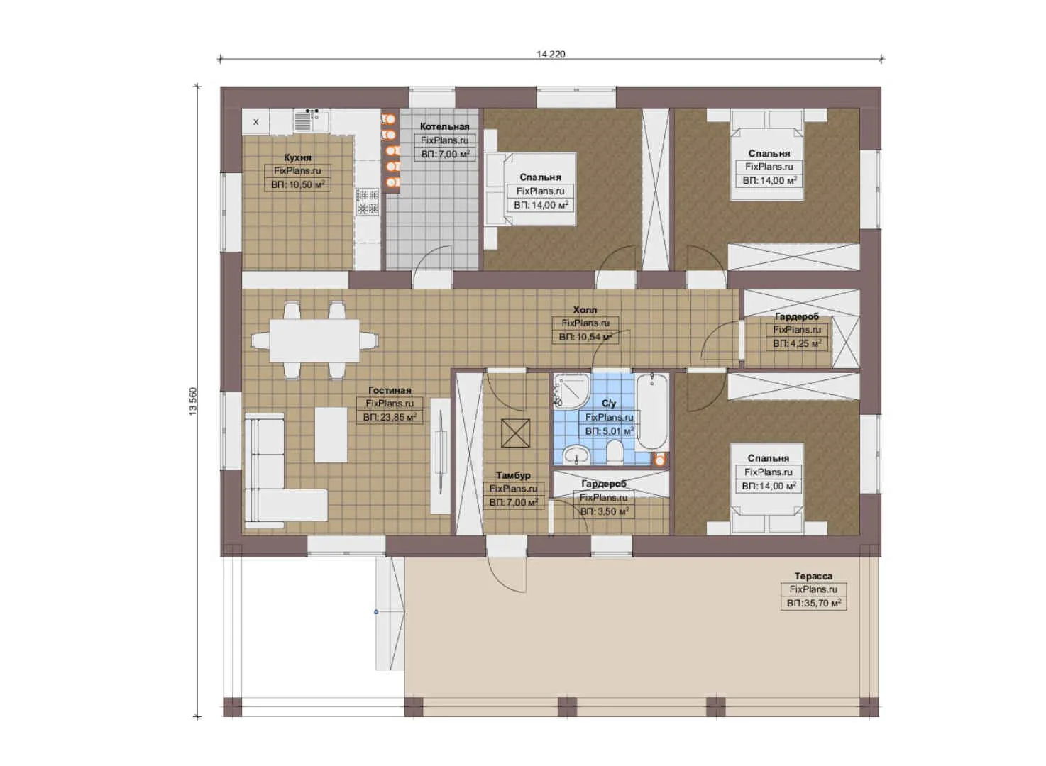F-17720 - План одноэтажного дома 14 на 15, площадью 150 м² с террасой и 3 спальнями
