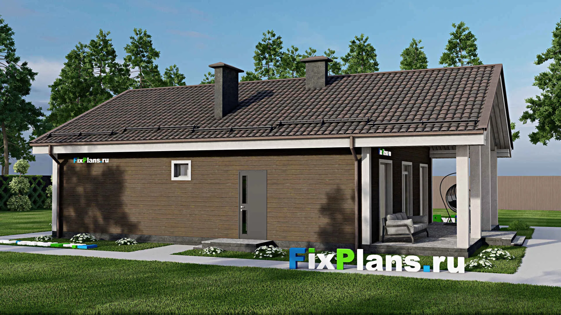 F-6029 - Проект одноэтажного дома 10 на 12, площадью 130 м² с террасой и 2 спальнями