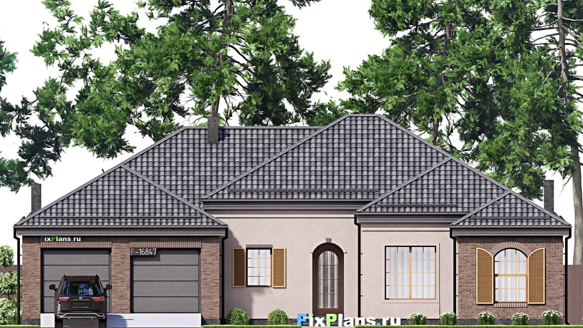 F-16847 - Проект одноэтажного дома 19 на 21, площадью 260 м² с террасой, гаражом на 2 машины и 4 спальнями