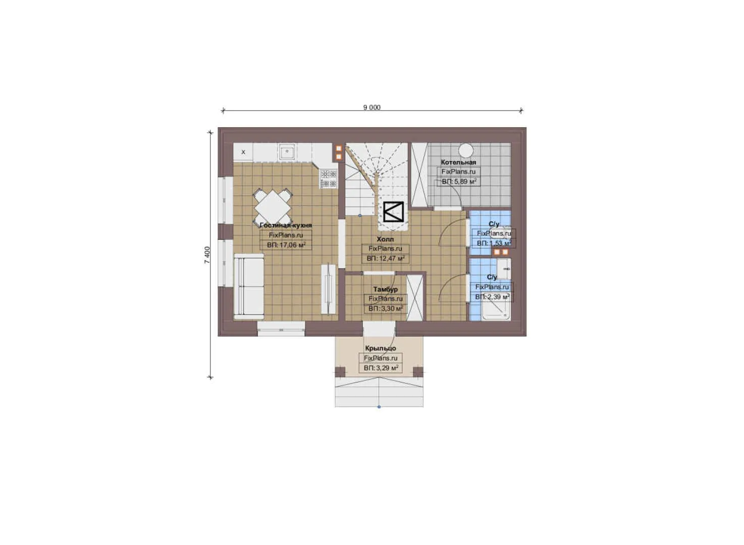 F-13454 - Планы дома с мансардой 8 на 9, площадью 90 м² с 2 спальнями
