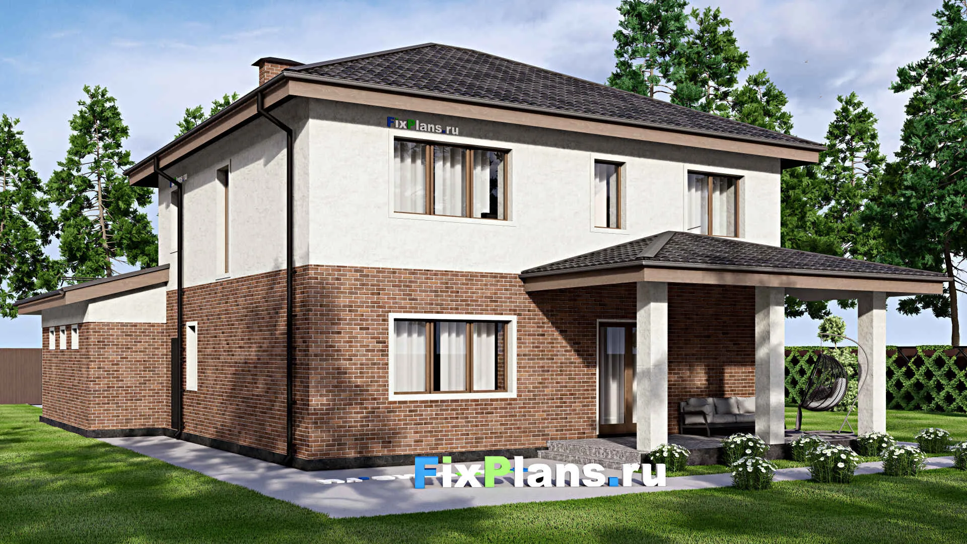 F-13013 - Проект двухэтажного дома 12 на 21, площадью 260 м² с террасой, гаражом на 2 машины и 5 спальнями