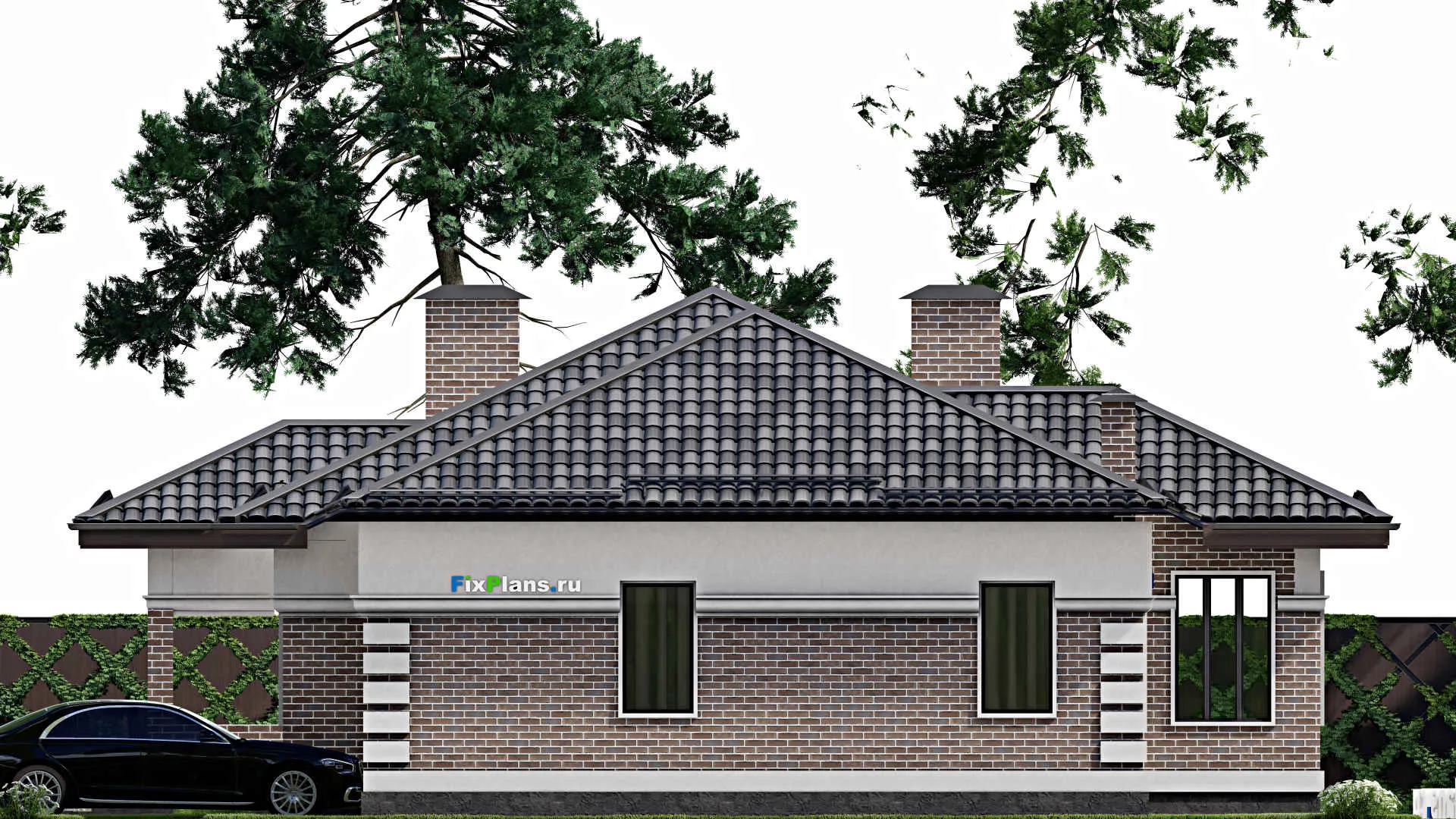 F-7424 - Проект одноэтажного дома 14 на 19, площадью 170 м² с террасой, гаражом на 1 машину и 2 спальнями