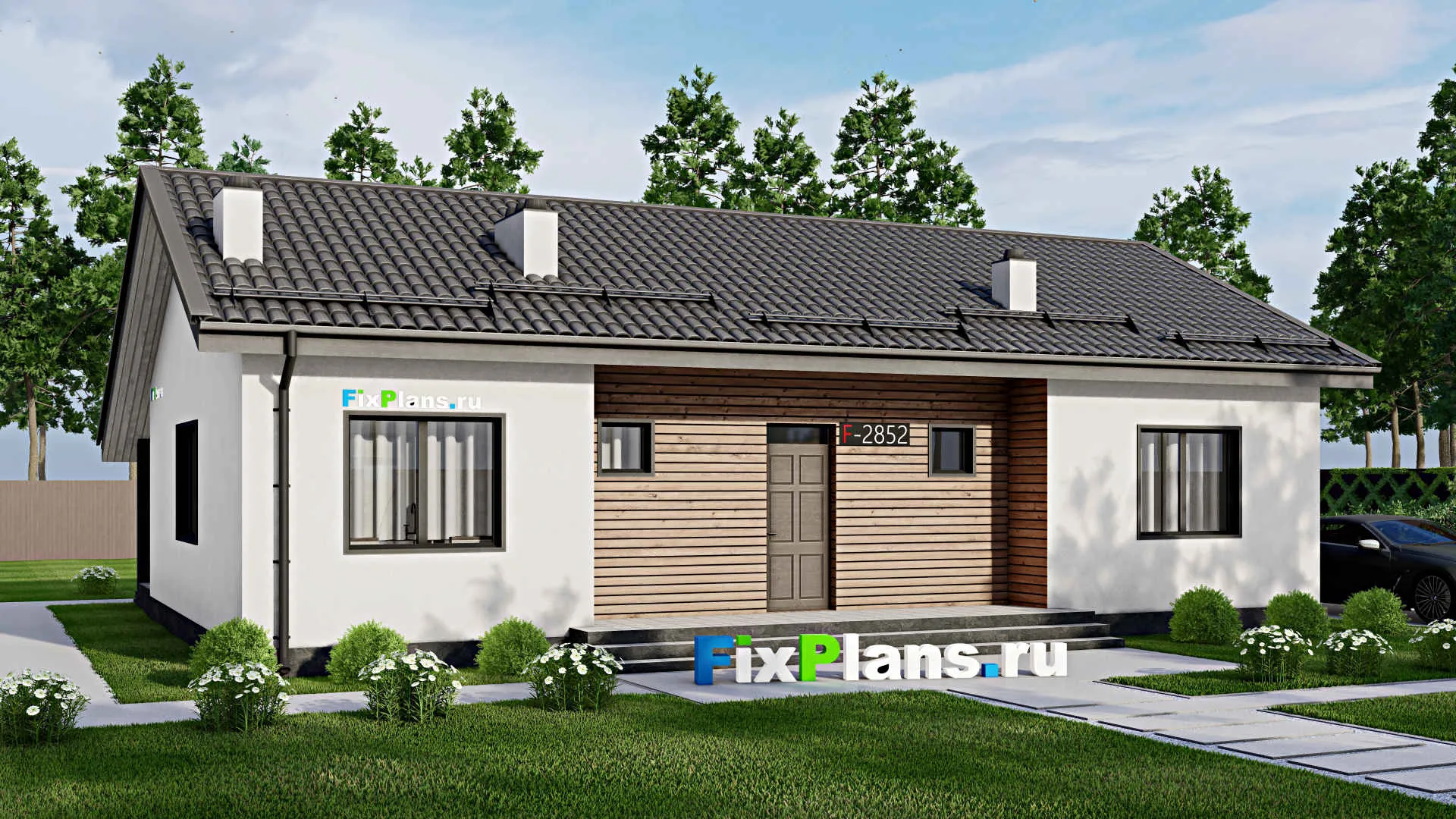 F-2852 - Проект одноэтажного дома 10 на 15, площадью 130 м² с террасой и 3 спальнями
