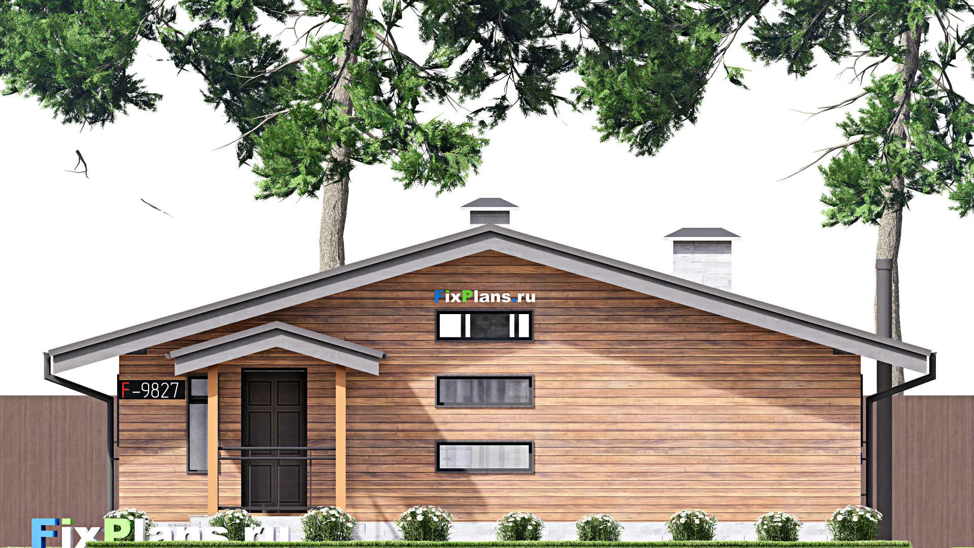 F-9827 - Проект одноэтажного дома 12 на 12, площадью 190 м² с террасой, цокольным этажом, баней, спортзалом и 1 спальнями