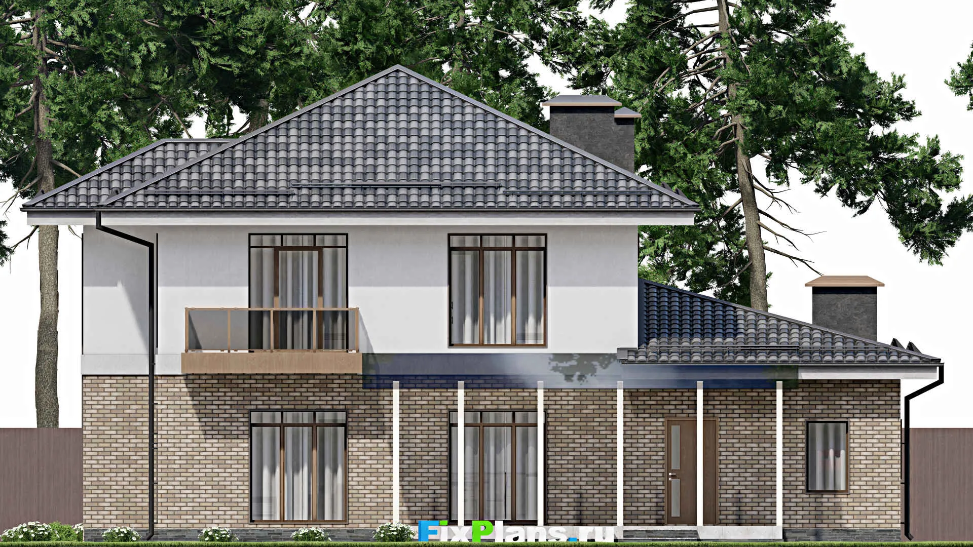 F-10142 - Проект двухэтажного дома 15 на 17, площадью 250 м² с террасой, балконом, гаражом на 2 машины и 4 спальнями