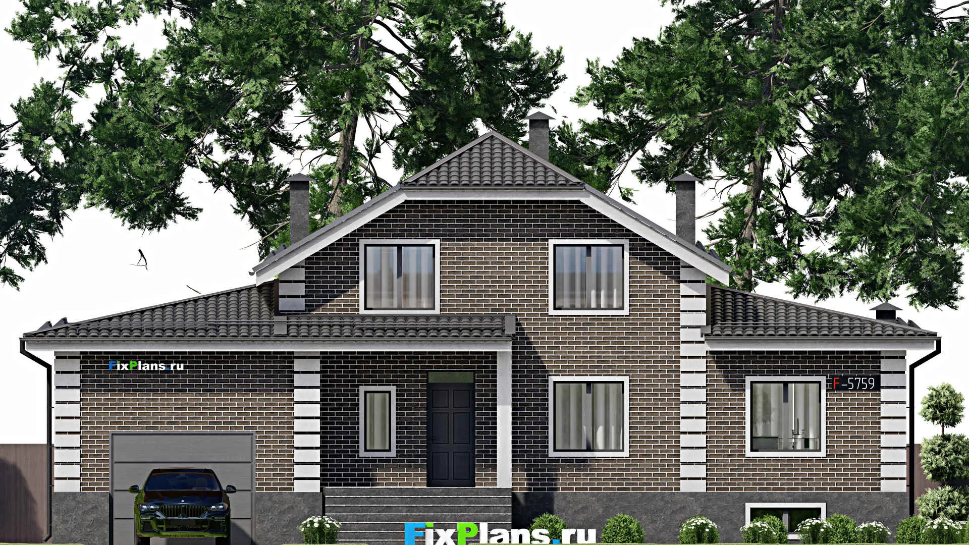 F-5759 - Проект дома с мансардой 13 на 18, площадью 320 м² с цокольным этажом, баней, гаражом на 2 машины и 5 спальнями