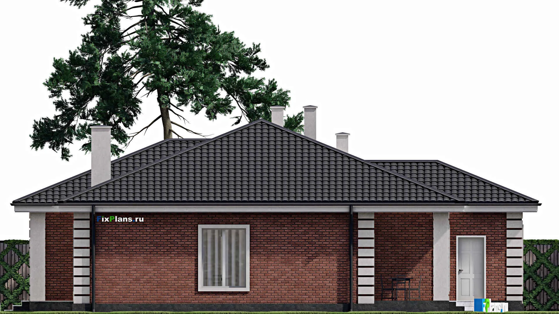 F-1205 - Проект одноэтажного дома 17 на 19, площадью 200 м² с террасой, баней, гаражом на 1 машину и 3 спальнями