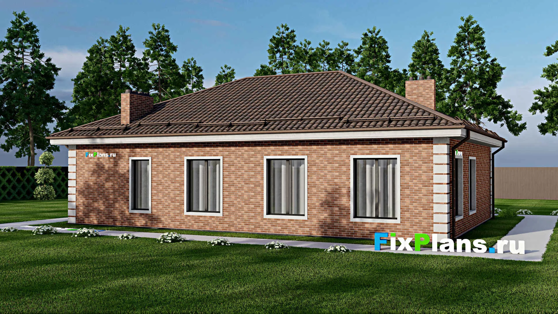 F-7928 - Проект одноэтажного дома 11 на 16, площадью 140 м² с баней, гаражом на 1 машину и 3 спальнями