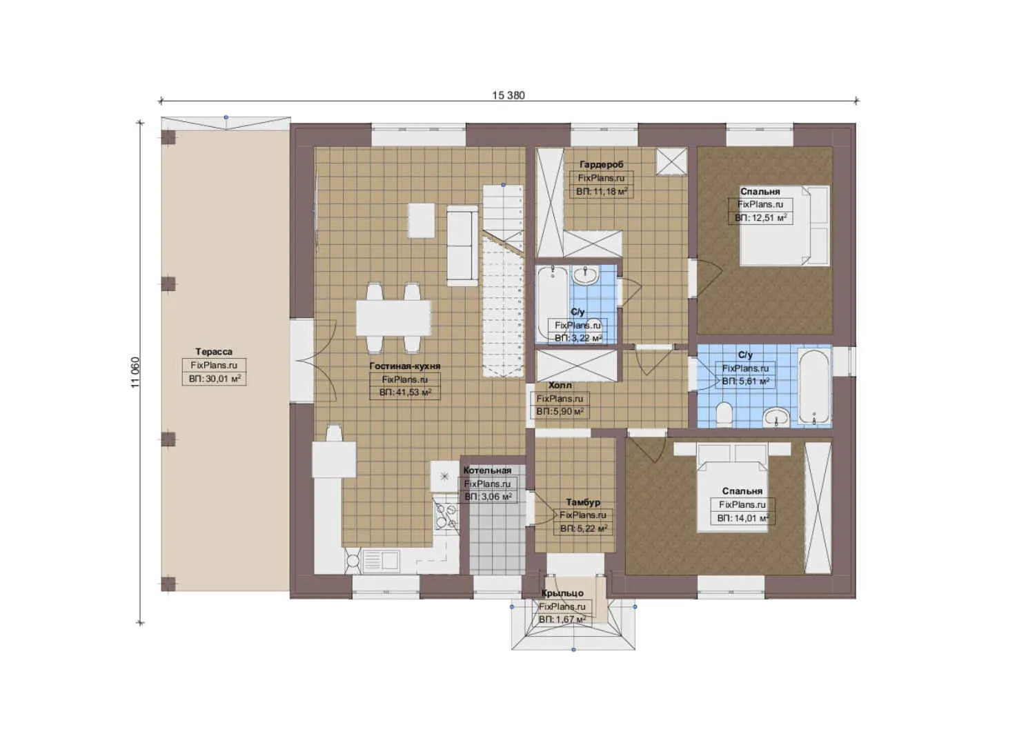 F-13166 - Планы дома с мансардой 12 на 16, площадью 230 м² с террасой и 5 спальнями