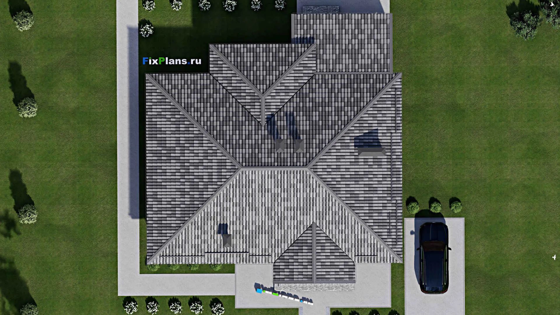 F-9971 - Проект одноэтажного дома 16 на 18, площадью 200 м² с террасой и 4 спальнями