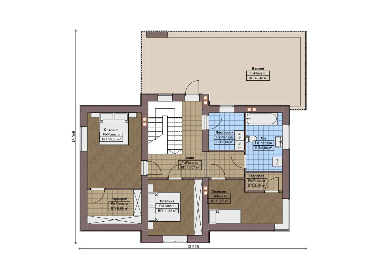 F-8774 - Планы двухэтажного дома 14 на 18, площадью 270 м² с террасой, балконом, гаражом на 1 машину и 4 спальнями