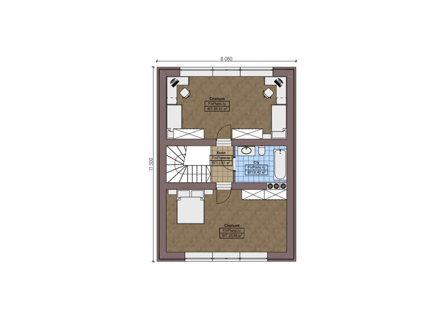 F-3032 - Планы дома с мансардой 13 на 15, площадью 210 м² с террасой, гаражом на 2 машины и 3 спальнями