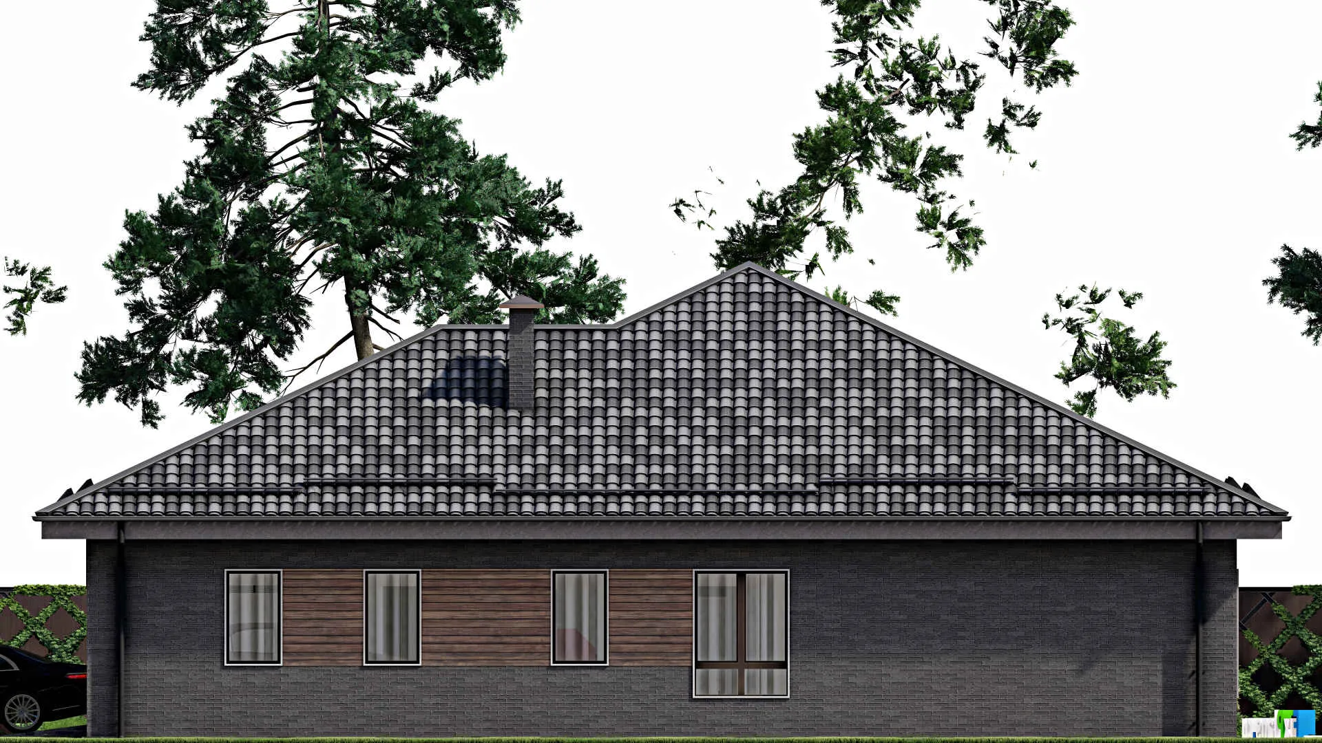 F-6344 - Проект одноэтажного дома 16 на 18, площадью 210 м² с террасой, гаражом на 2 машины и 3 спальнями