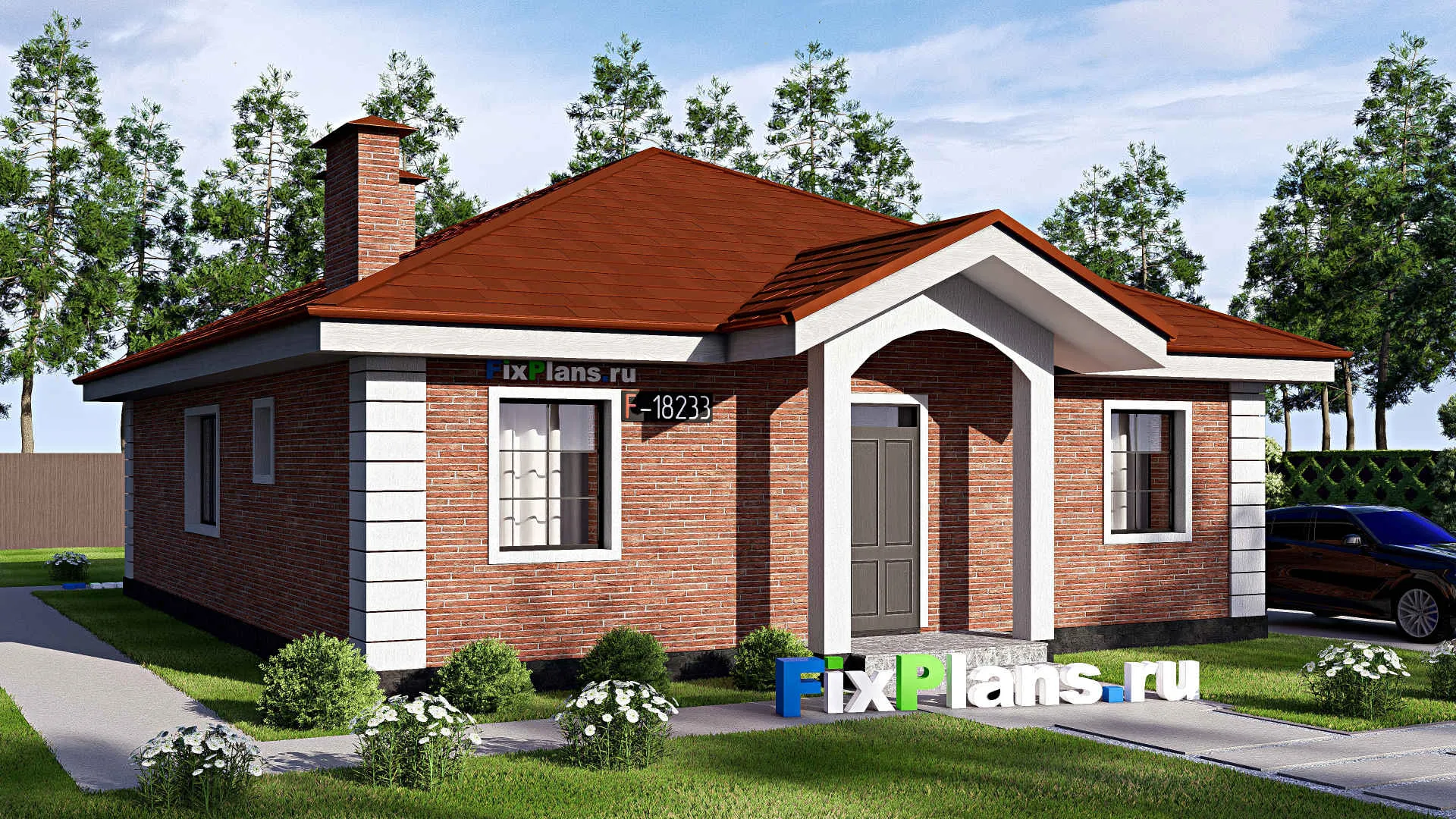 F-18233 - Проект одноэтажного дома 14 на 15, площадью 130 м² с террасой и 3 спальнями