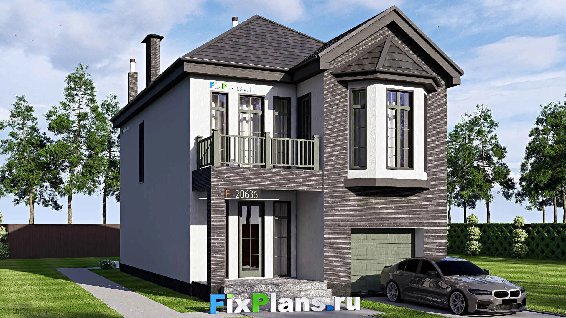 F-20636 - Проект двухэтажного дома 9 на 17, площадью 200 м² с балконом, гаражом на 1 машину и 3 спальнями
