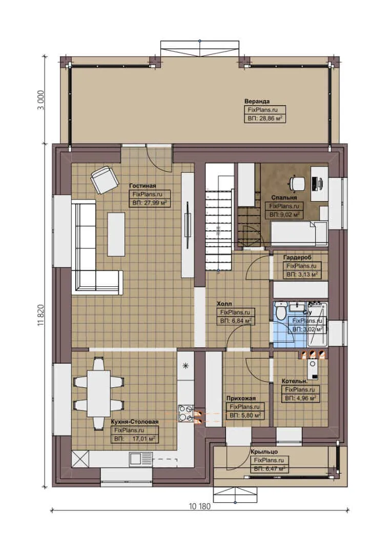 F-0800 - Планы двухэтажного дома 11 на 12, площадью 200 м² с террасой и 4 спальнями
